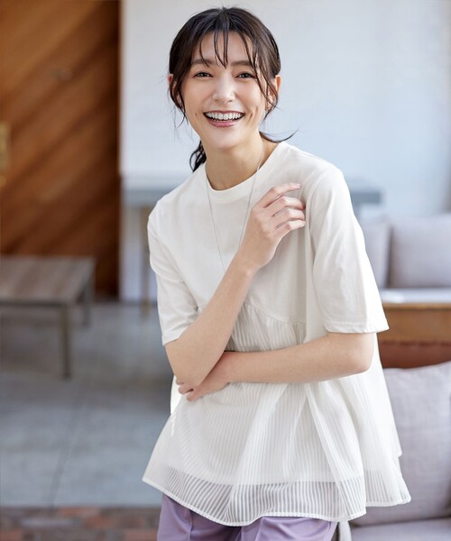tシャツ ストライプチュール切替トップス レディース Tiaclasse tシャツ ストライプチュール切替トップス レディース