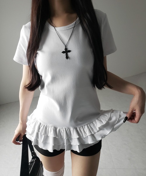 me+em select tシャツ 「 2color 」裾フリルレイヤード半袖