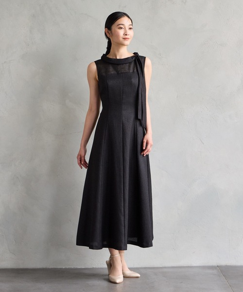AIMER ドレス リボン付きロールカラーノースリーブフレア