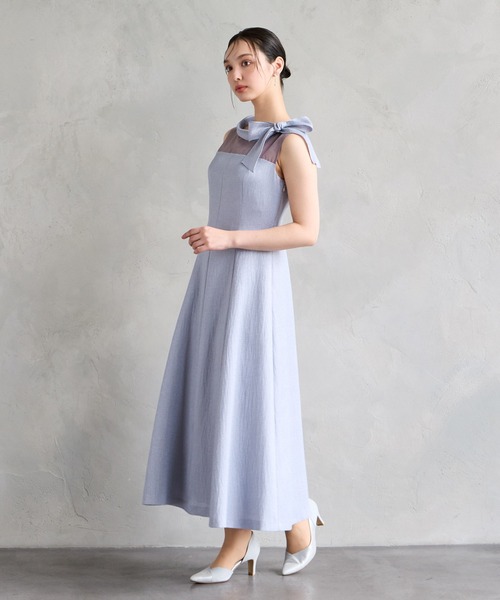 AIMER ドレス リボン付きロールカラーノースリーブフレア