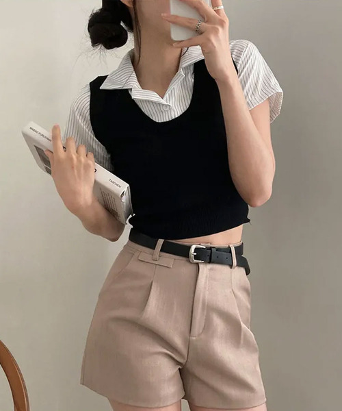 可愛いレディースベスト　Tシャツ tシャツ ベストxシャツ レイヤード風 半袖トップス レディース