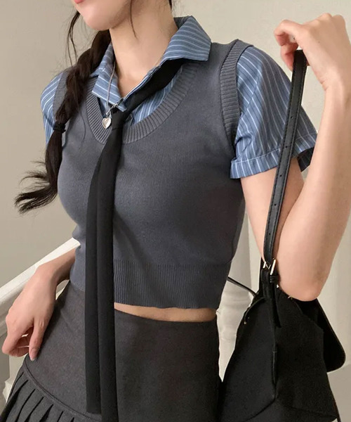 tシャツ ベストxシャツ レイヤード風 半袖トップス レディース