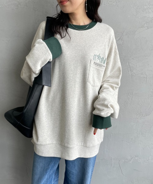 トレーナー スウェット 「WEB先行予約」「MANHATTAN PORTAGE」 別注 ポケット刺繍 リンガー クルーネックスウェット レディース メ Manhattan Portage トレーナー スウェット 「WEB先行予約