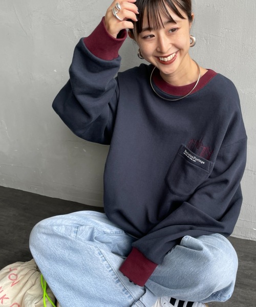 トレーナー スウェット 「WEB先行予約」「MANHATTAN PORTAGE」 別注 ポケット刺繍 リンガー クルーネックスウェット レディース メ Manhattan Portage トレーナー スウェット 「WEB先行予約