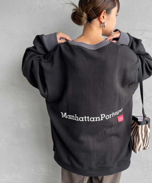 トレーナー スウェット 「WEB先行予約」「MANHATTAN PORTAGE」 別注 ポケット刺繍 リンガー クルーネックスウェット レディース メ