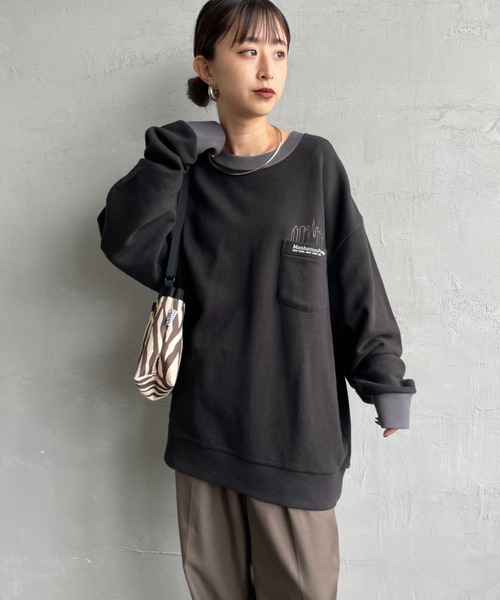 トレーナー スウェット 「WEB先行予約」「MANHATTAN PORTAGE」 別注 ポケット刺繍 リンガー クルーネックスウェット レディース メ Manhattan Portage トレーナー スウェット 「WEB先行予約