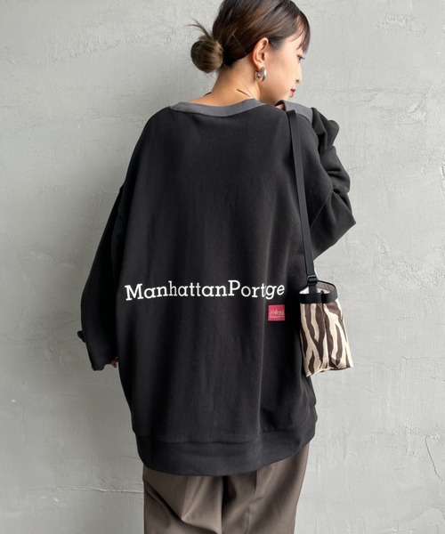 トレーナー スウェット 「WEB先行予約」「MANHATTAN PORTAGE」 別注 ポケット刺繍 リンガー クルーネックスウェット レディース メ Manhattan Portage トレーナー スウェット 「WEB先行予約