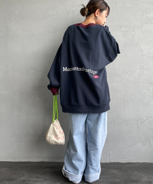 トレーナー スウェット 「WEB先行予約」「MANHATTAN PORTAGE」 別注 ポケット刺繍 リンガー クルーネックスウェット レディース メ Manhattan Portage トレーナー スウェット 「WEB先行予約