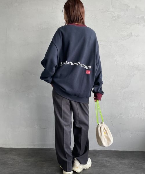 トレーナー スウェット 「WEB先行予約」「MANHATTAN PORTAGE」 別注 ポケット刺繍 リンガー クルーネックスウェット レディース メ Manhattan Portage トレーナー スウェット 「WEB先行予約