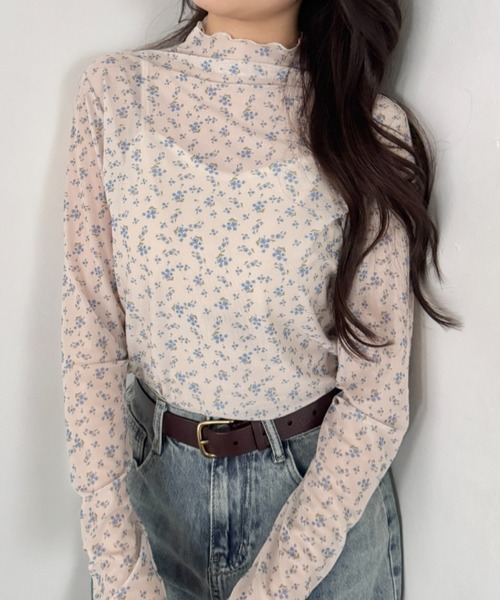 SOLLON.（ソルロン） tシャツ 花柄シアーハイネックトップス