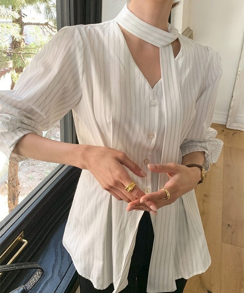 inst.ALL ブラウス シャツ ストール風タックストライプブラウス