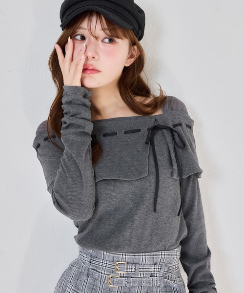 one after another NICE CLAUP tシャツ 配色リボンオフショルトップス
