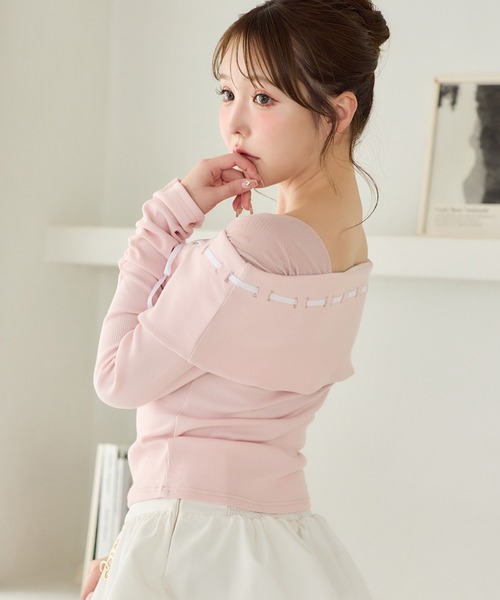 one after another NICE CLAUP tシャツ 配色リボンオフショルトップス