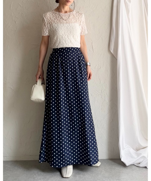 ワイズ　Y’ｓ　ロングスカート　ドット　水玉刺繍　総柄　変形　ネイビー She's Closet スカート セミフレア ロング 水玉 ドットスカート