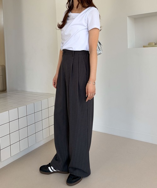 スラックス パンツ ダブルタックボリュームストライプスラックスパンツ