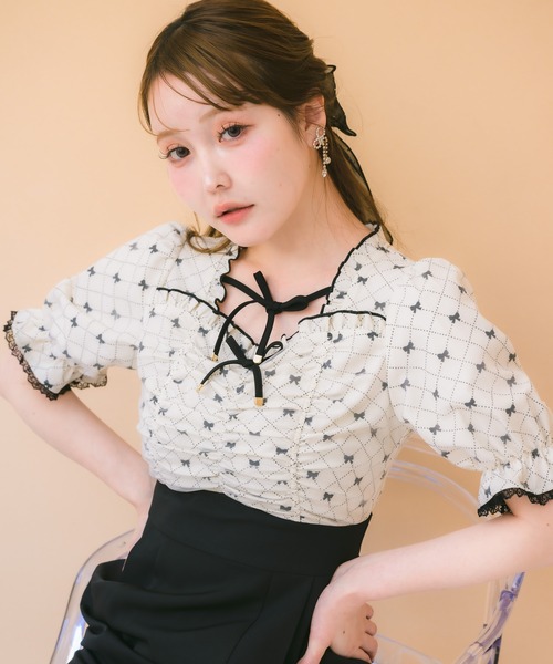 ★ Moritanya ★リボン付タフタドッキングワンピース クチュールバイロジータ ワンピース リボンプリントドッキング