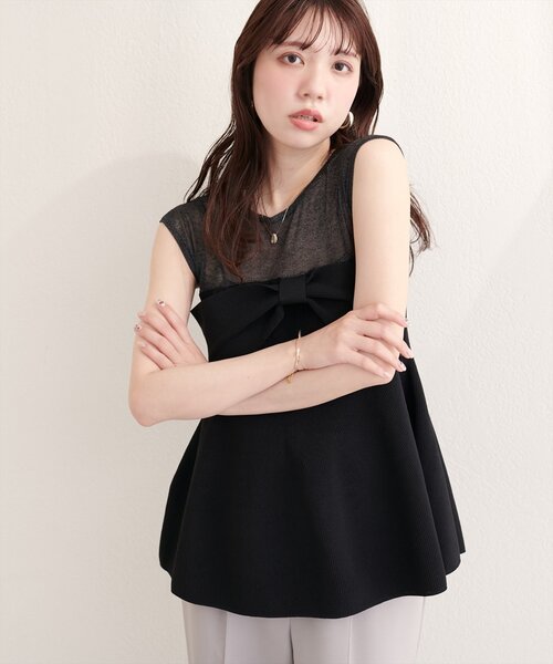 natural couture キャミソール フロントリボンペプラムニット 