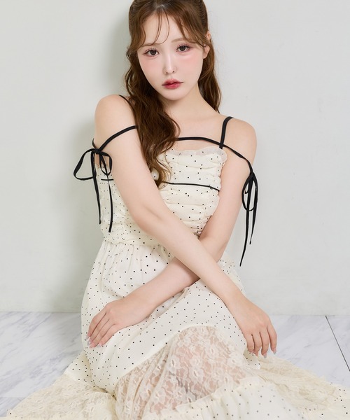 花柄ロングキャミワンピース レース切り替え one after another NICE CLAUP ワンピース 夏 配色リボンレース