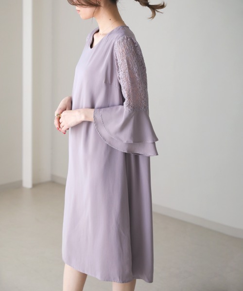 ドレス 上品な印象の袖レースワンピース 楽天