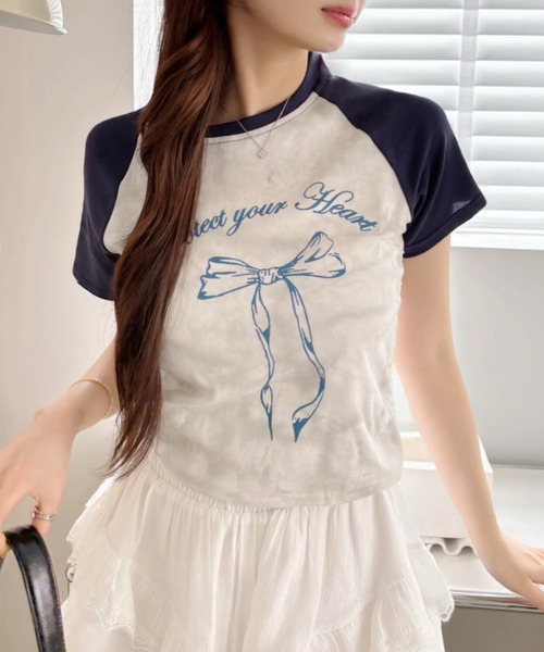 Ada. tシャツ Y2K サイドシャーリング リボン デザイン ラグラン
