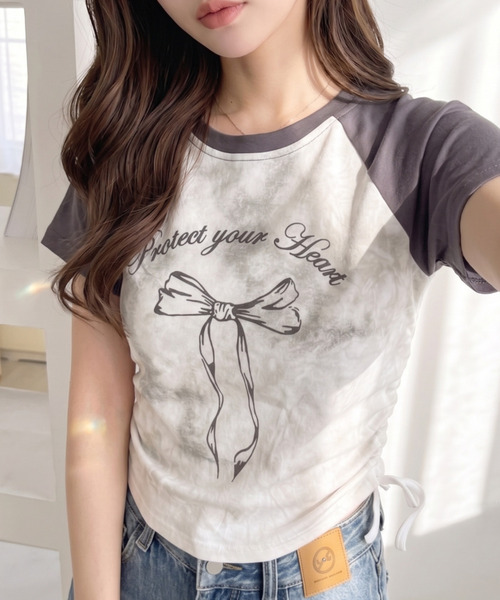 Ada. tシャツ 半袖 サイドシャーリング リボン デザイン ラグラン