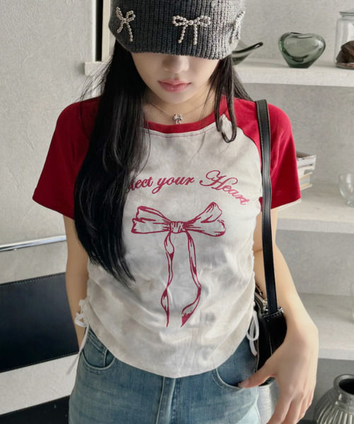 極美品　y2k 姫系　リボンTシャツ　Mサイズ　ピンク　ホワイト　フリル　半袖 2f52951fda47918bea7a8ab99d00d5
