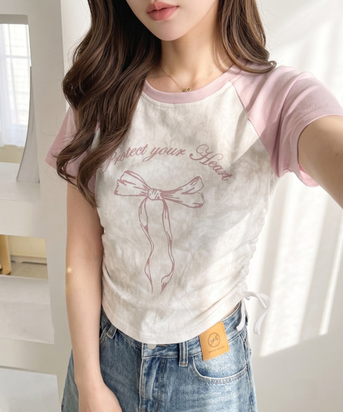 Ada. tシャツ 半袖 サイドシャーリング リボン デザイン ラグラン