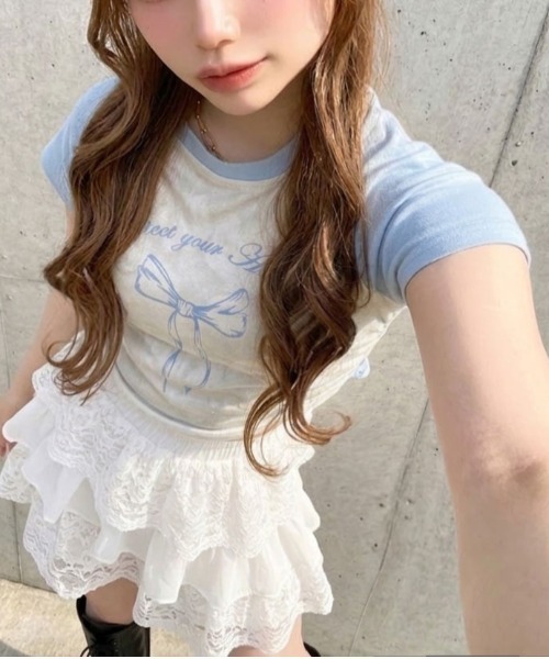 Ada. tシャツ 半袖 サイドシャーリング リボン デザイン ラグラン