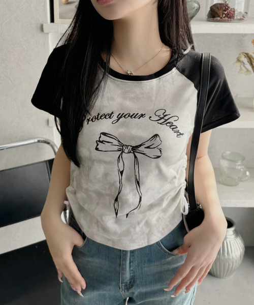 Ada. tシャツ 半袖 サイドシャーリング リボン デザイン ラグラン