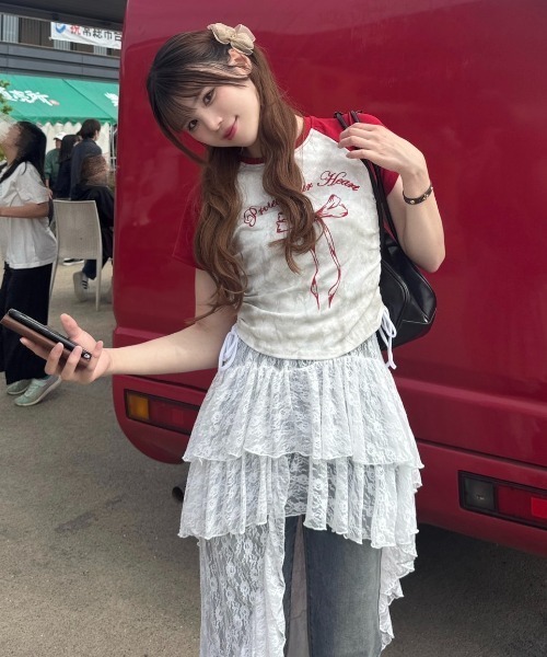 Ada. tシャツ 半袖 サイドシャーリング リボン デザイン ラグラン
