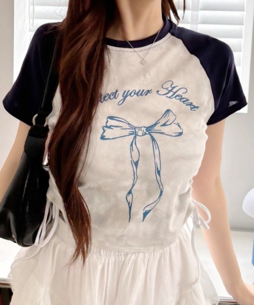 Ada. tシャツ 半袖 サイドシャーリング リボン デザイン ラグラン