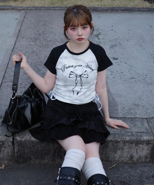 Ada. tシャツ 半袖 サイドシャーリング リボン デザイン ラグラン