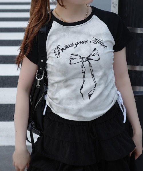 Ada. tシャツ 半袖 サイドシャーリング リボン デザイン ラグラン