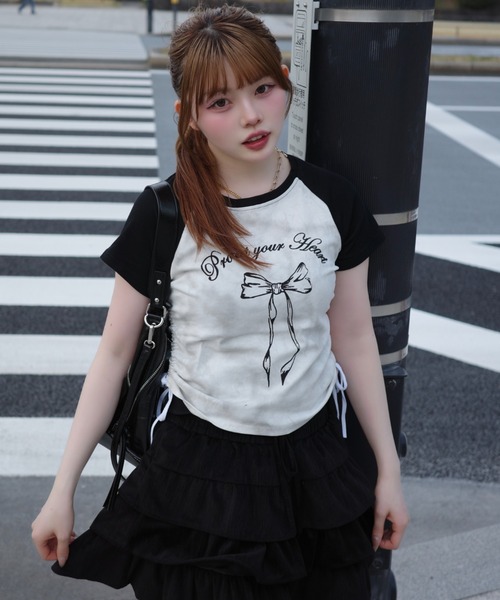 Ada. tシャツ 半袖 サイドシャーリング リボン デザイン ラグラン