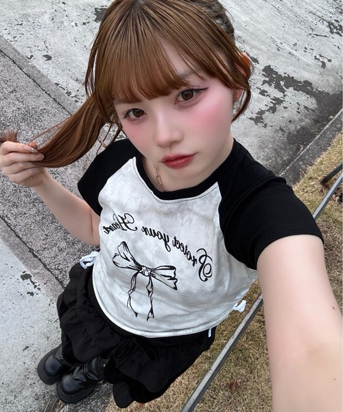 Ada. tシャツ 半袖 サイドシャーリング リボン デザイン ラグラン