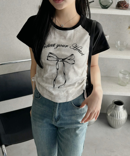 Ada. tシャツ 半袖 サイドシャーリング リボン デザイン ラグラン