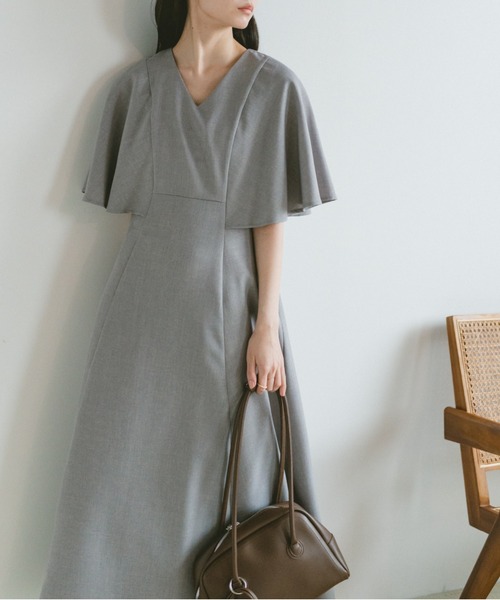 【かいじゅうママさん専用】ANAYI リーフ楊柳幾何Ｖネックフレア ワンピ36号 VANNIE U（ヴァニーユー） ワンピース 半袖 ケープスリーブフレア