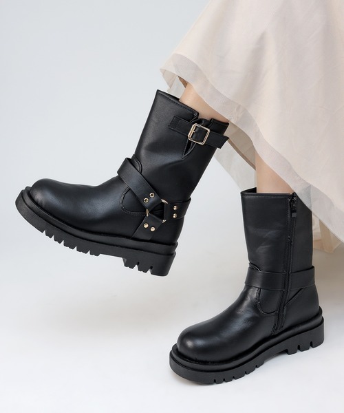 新品 タグ付き pedala ベルト デザイン ミドルヒール ブーツ ブラック SPECIAL SHOES FACTORY COLLABORATION】Tank-Sole Side Gore