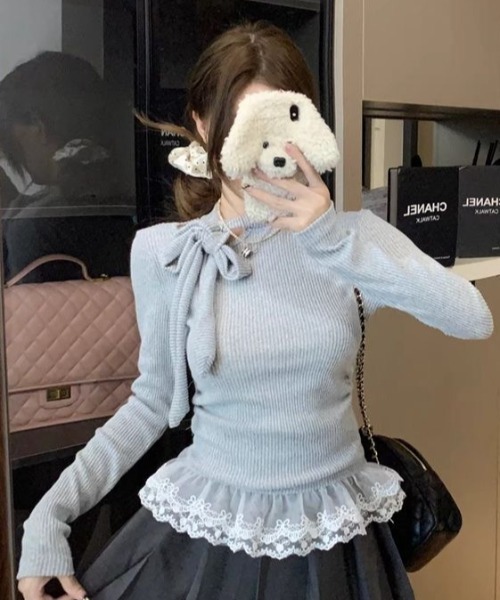 gossip!ロサンゼルス ニット セーター ロングTレース付き リボン