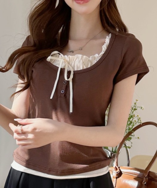 Ada. ヘンリーネック tシャツ 半袖 レイヤード風 ヘンリーネック
