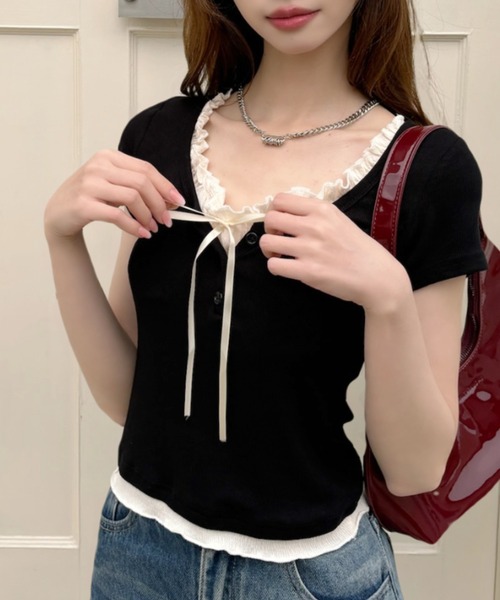 00s バレエコア ウィッシュコア 重ね着風 リボン ハシゴレース カットソー 00s バレエコア ウィッシュコア 重ね着風 リボン ハシゴレース