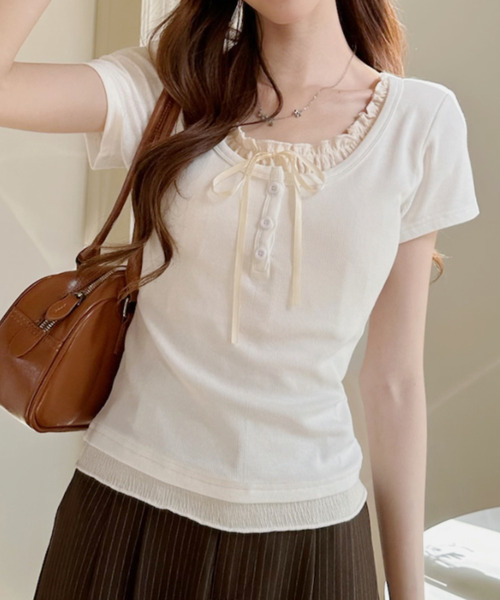 Ada. ヘンリーネック tシャツ 半袖 レイヤード風 ヘンリーネック