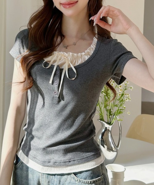 Ada. tシャツ レイヤード風 カットソー トップス バレエコア