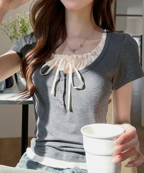 Ada. tシャツ レイヤード風 ヘンリーネック カットソー トップス