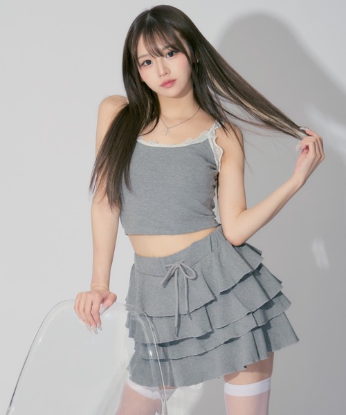 キャミソール 「2点セット」Frilled Cami ＆ Tiered Mini Skirt / フリルキャミソール＆ティアードミニスカート セットア