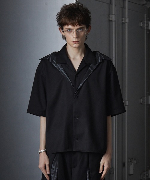 GRANCY レイヤード デザイン オープンカラーシャツ ブラック　S GRANCY シャツ 「GRANCY」Layered Design Open Collar Shirt