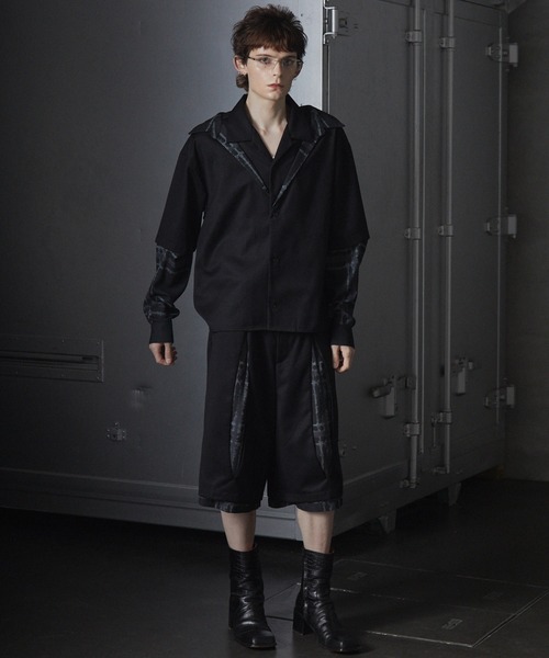 GRANCY レイヤード デザイン オープンカラーシャツ ブラック　S GRANCY シャツ 「GRANCY」Layered Design Open Collar Shirt