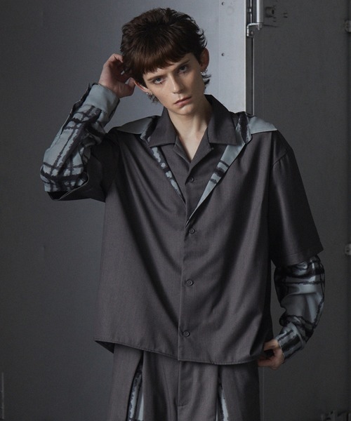 GRANCY レイヤード デザイン オープンカラーシャツ ブラック　S GRANCY】Layered Design Open Collar Shirt / レイヤード