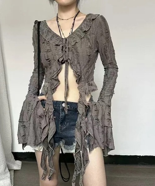fairy grunge フェアリーコア tops フード付き 長袖 レース DIAVEL tシャツ 「5色展開」グランジフェアリー トップス / Grunge