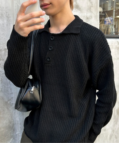 link lot セーター ニット オーバーサイズポロ襟畔編みニット メンズ